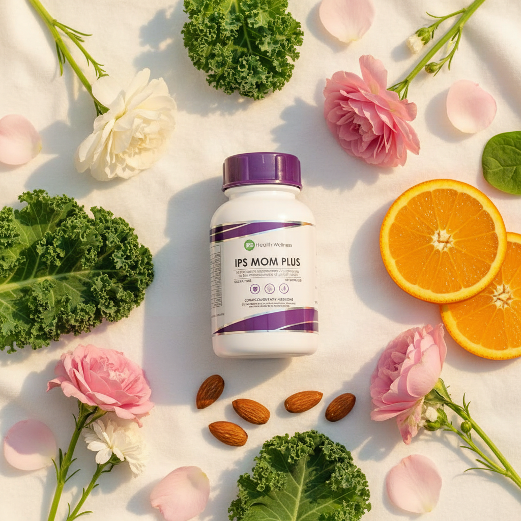 Mom Plus flat lay with flowers, leafy greens, orange slices, almonds and rose petals