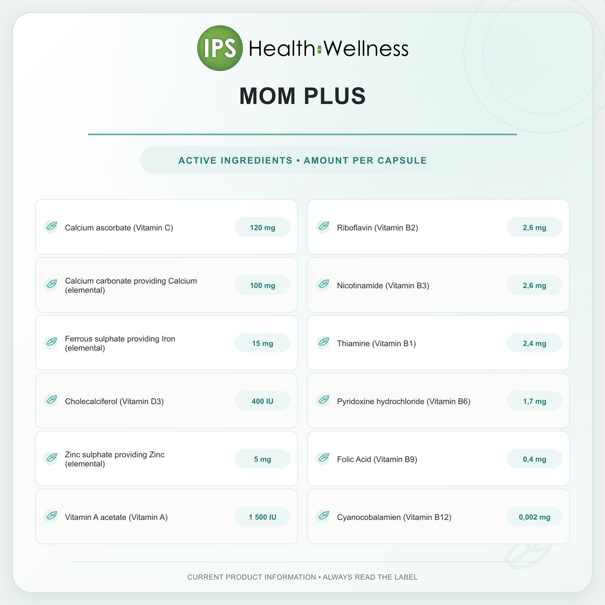 Mom Plus active ingredients and quantities