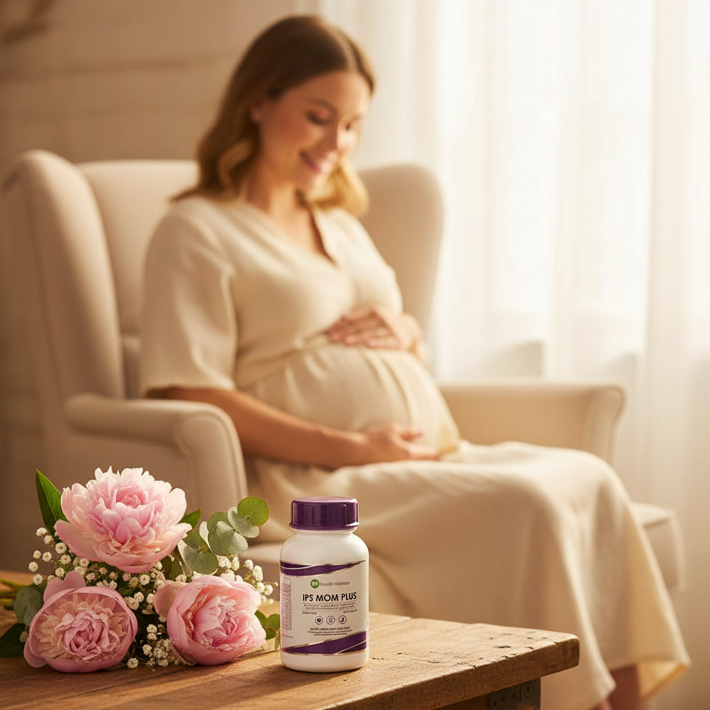 Mom Plus lifestyle shot with glowing pregnant woman in soft golden light