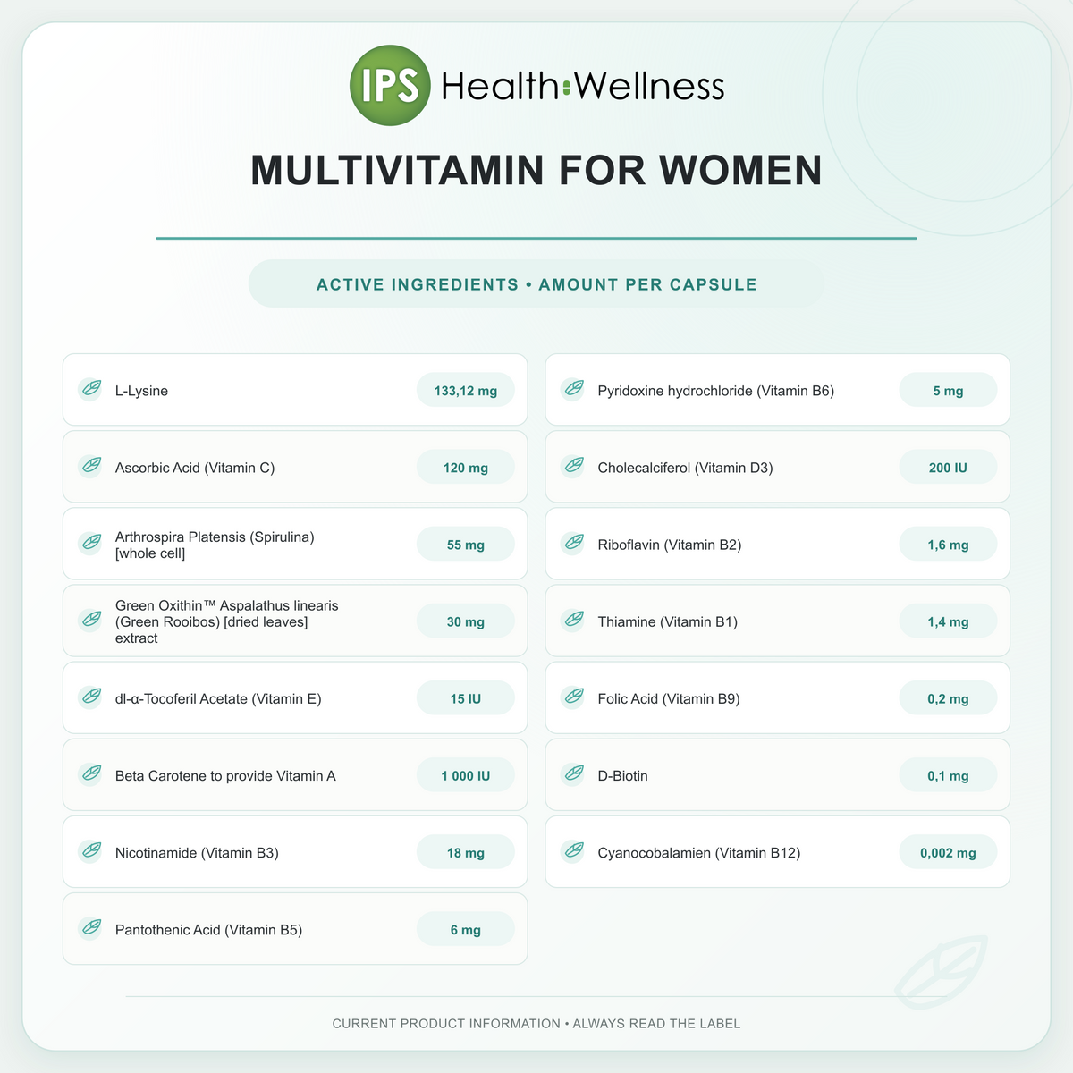 Multivitamin for Women active ingredients and quantities