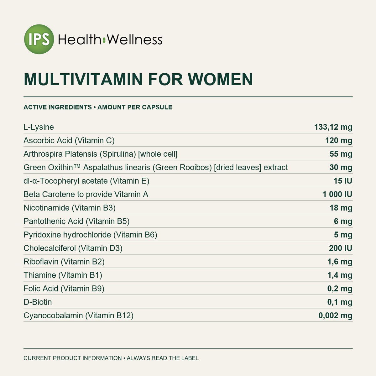 Multivitamin for Women active ingredients and quantities