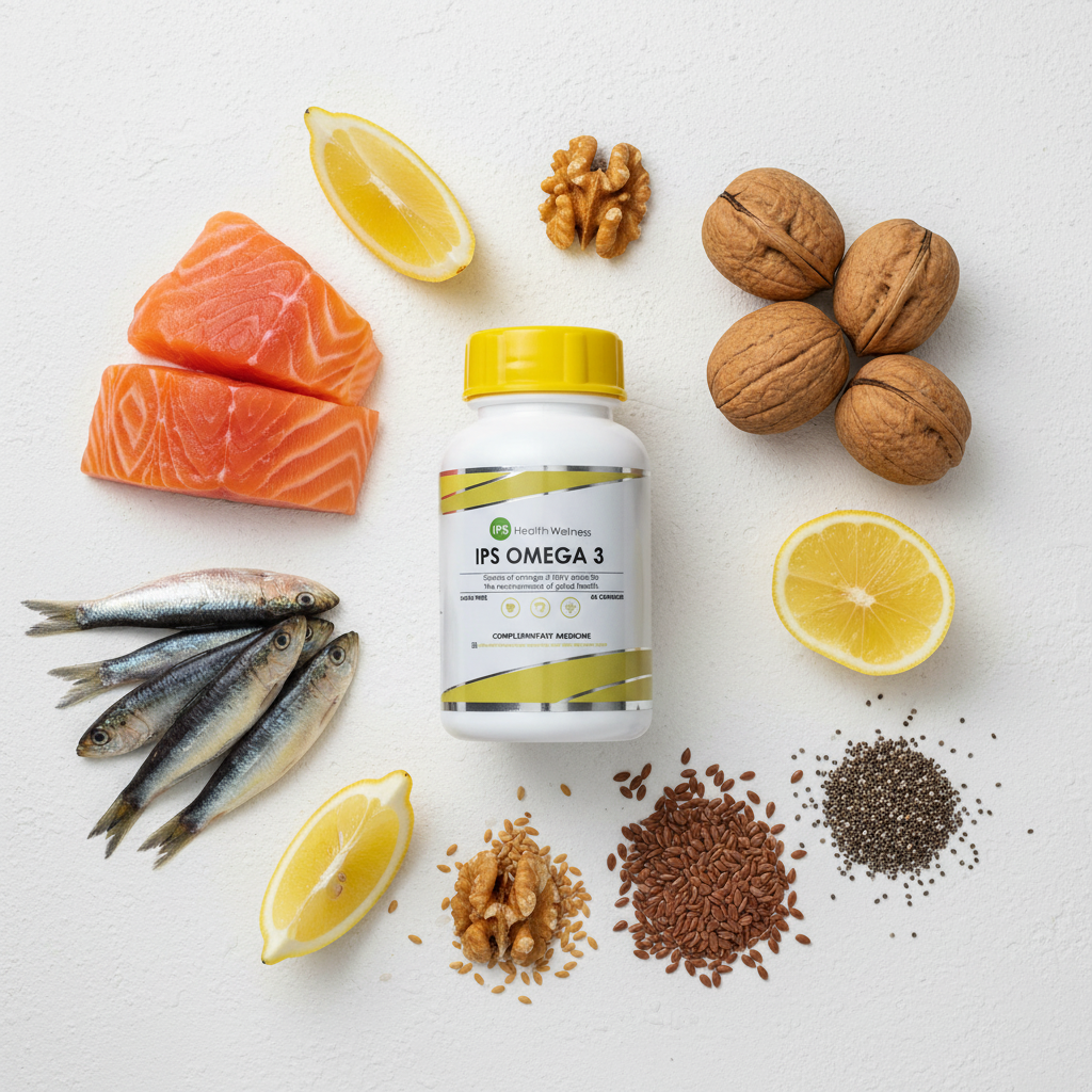 IPS Omega 3 flat lay with salmon, sardines, walnuts, flaxseeds, chia seeds and lemon wedges