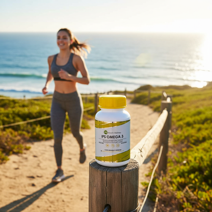 IPS Omega 3 lifestyle shot with active person running along a sunny coastal path