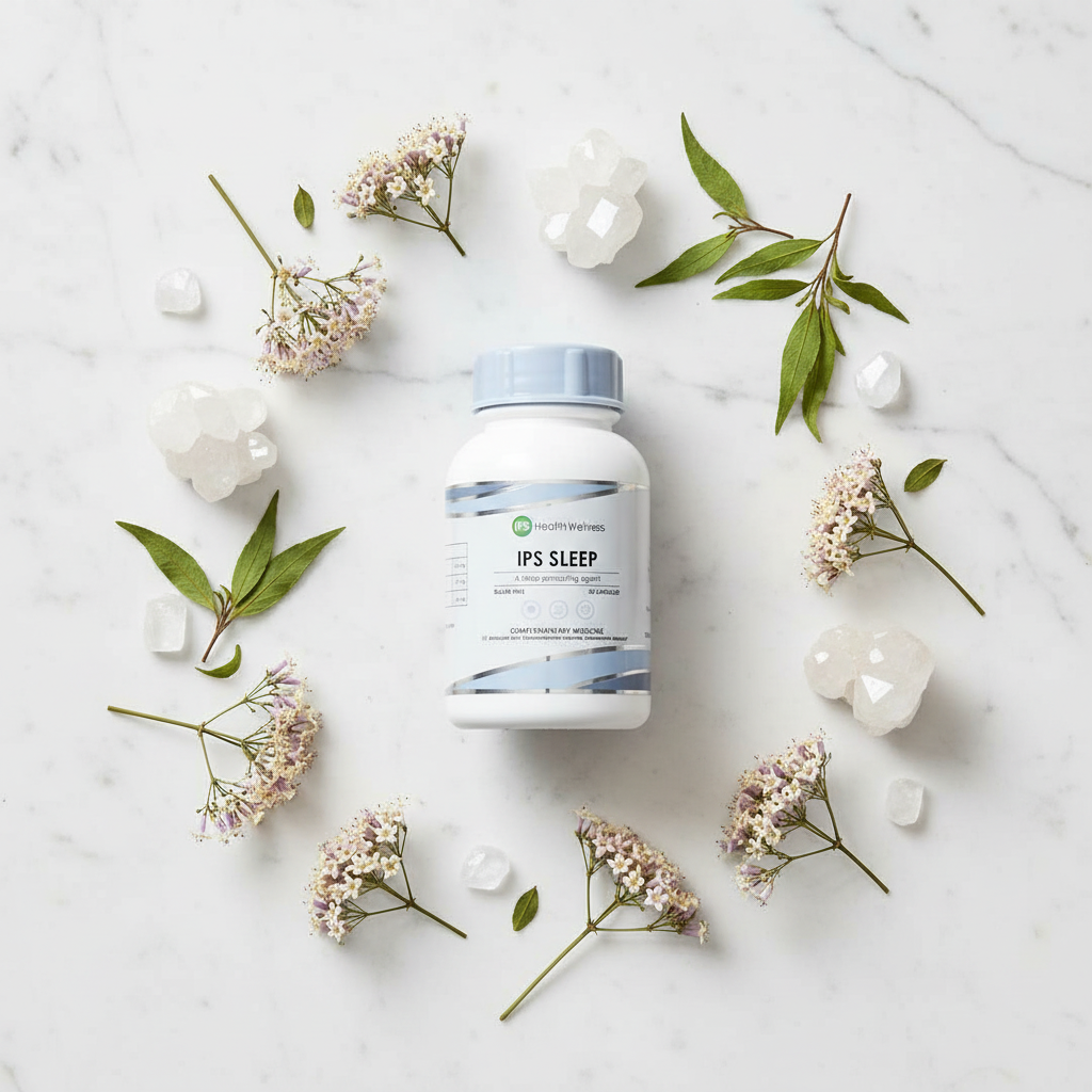IPS Sleep bottle with ingredients flat lay on marble surface