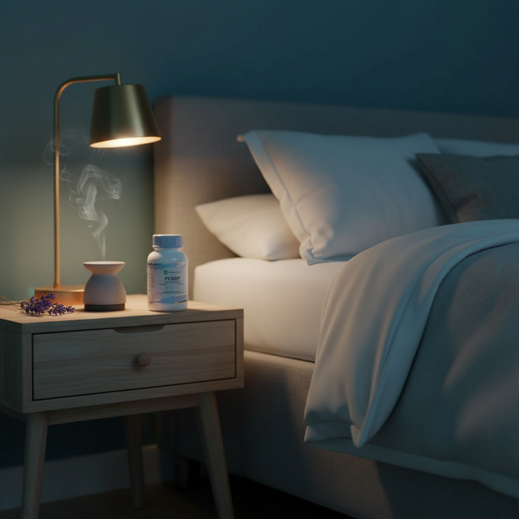 IPS Sleep bottle in a calming nighttime lifestyle setting