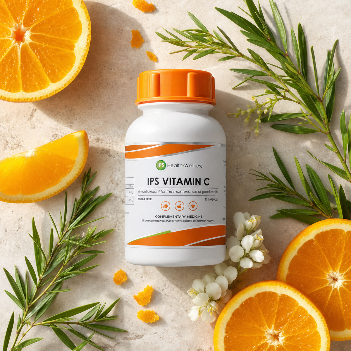 IPS Vitamin C flat lay with oranges, green rooibos and blossoms