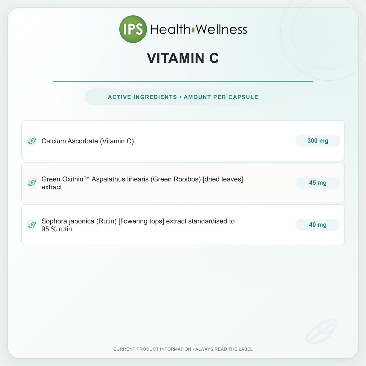Vitamin C active ingredients and quantities