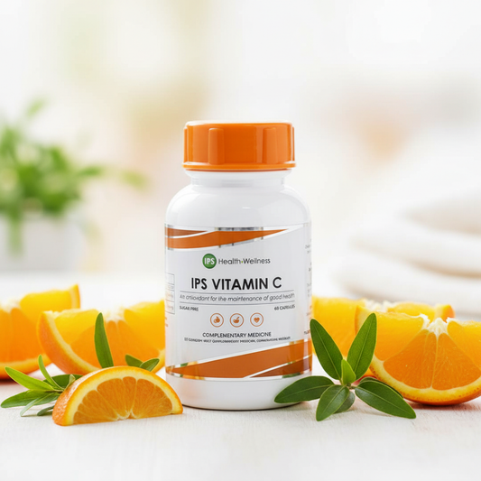 IPS Vitamin C bottle lifestyle shot with oranges and rooibos leaves