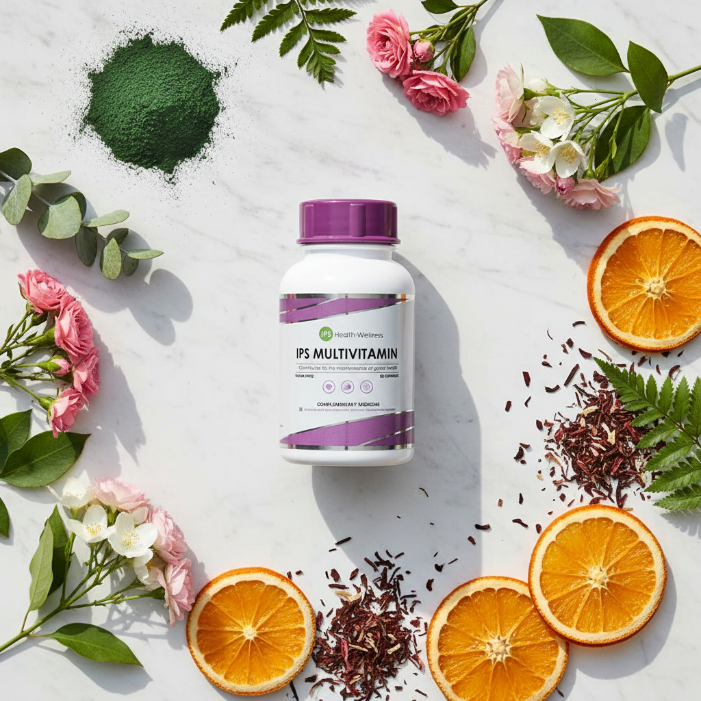 Multivitamin for Women flat lay on white marble with spirulina, rooibos, orange slices and flowers