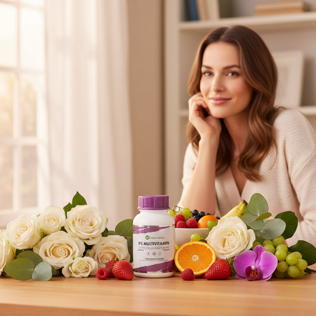 Multivitamin for Women lifestyle shot with confident woman, fresh flowers and greenery