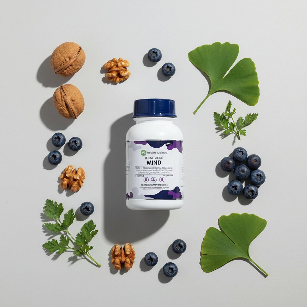 Young Adult Mind flat lay with walnuts and blueberries