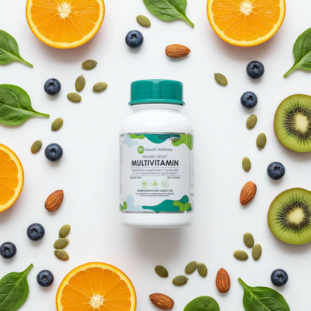 IPS Young Adult Multivitamin flat lay with oranges, kiwi, blueberries, spinach, almonds and pumpkin seeds