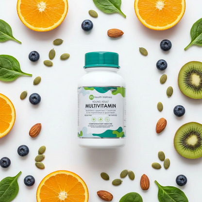 IPS Young Adult Multivitamin flat lay with oranges, kiwi, blueberries, spinach, almonds and pumpkin seeds
