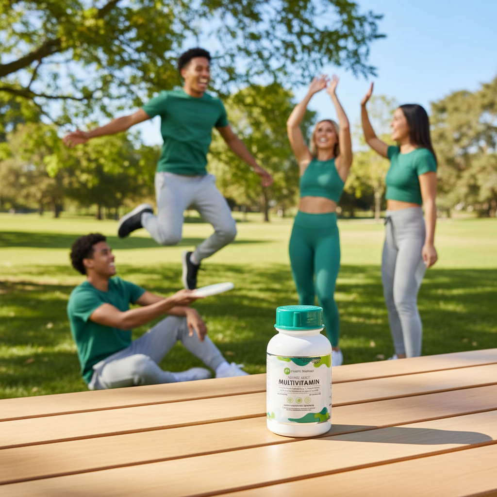 IPS Young Adult Multivitamin lifestyle shot with energetic young adults outdoors