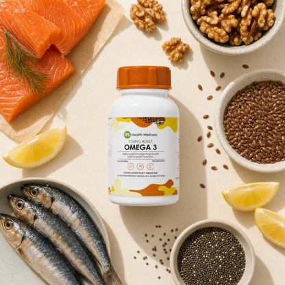 IPS Young Adult Omega 3 flat lay with salmon, sardines, walnuts, flax and chia seeds