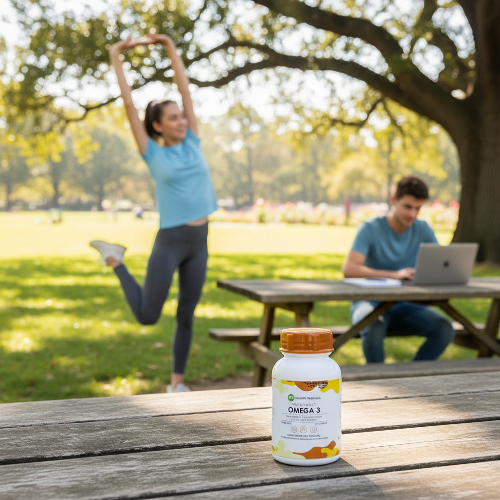 Young adult lifestyle with IPS Young Adult Omega 3 supplement bottle