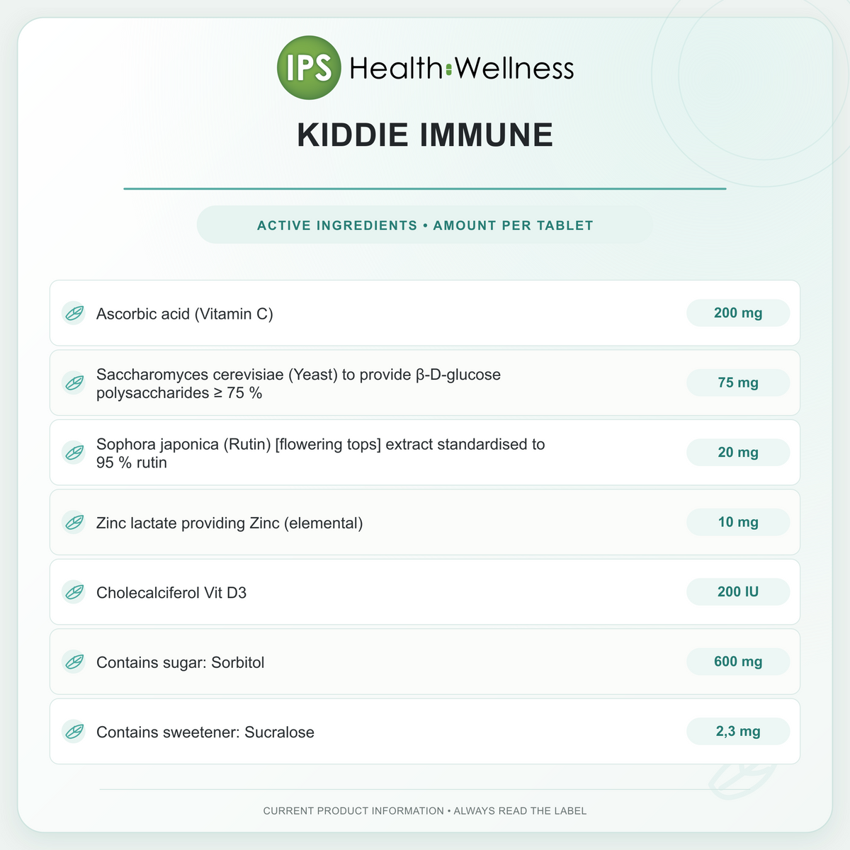 Kiddie Immune active ingredients and quantities