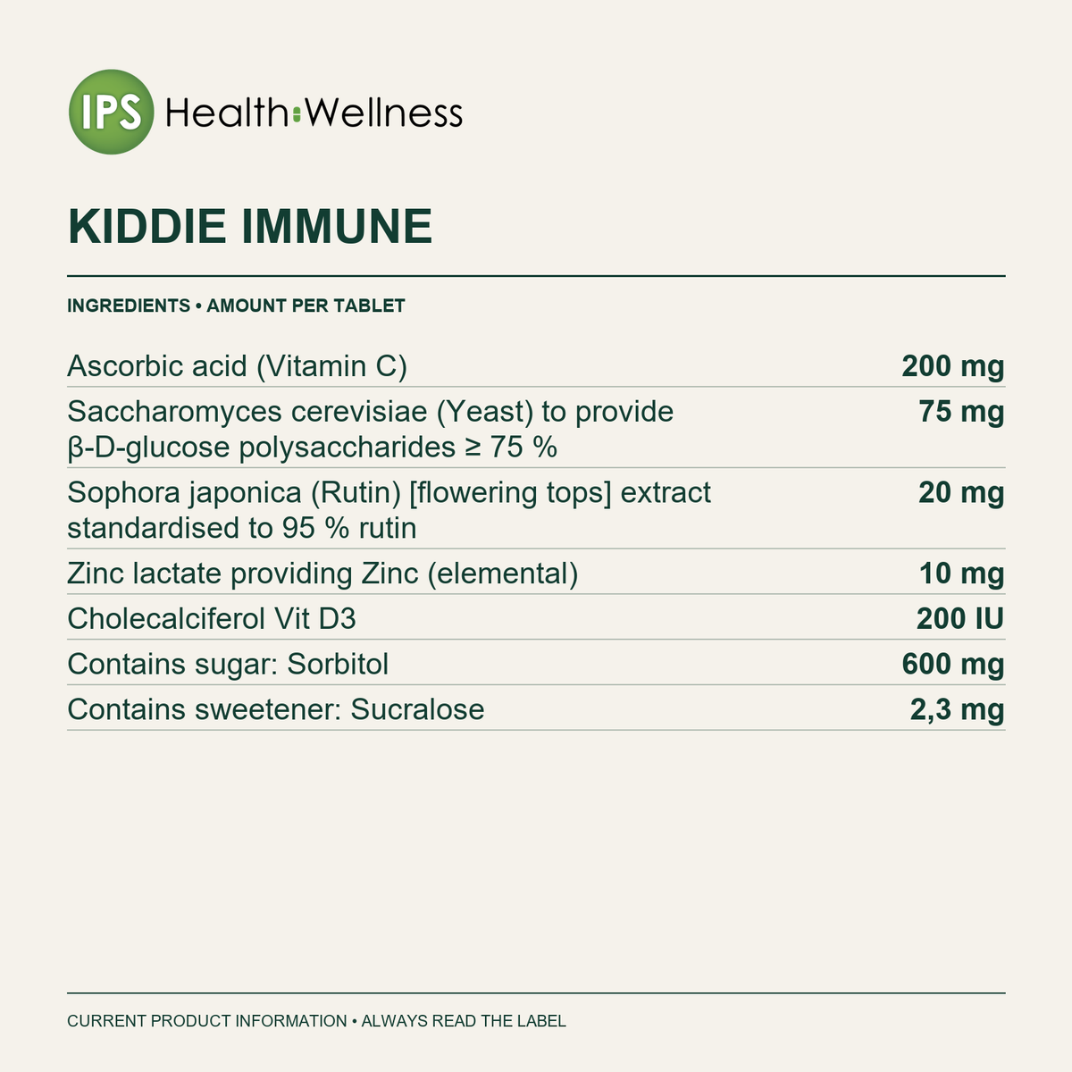 Kiddie Immune ingredients and quantities per tablet