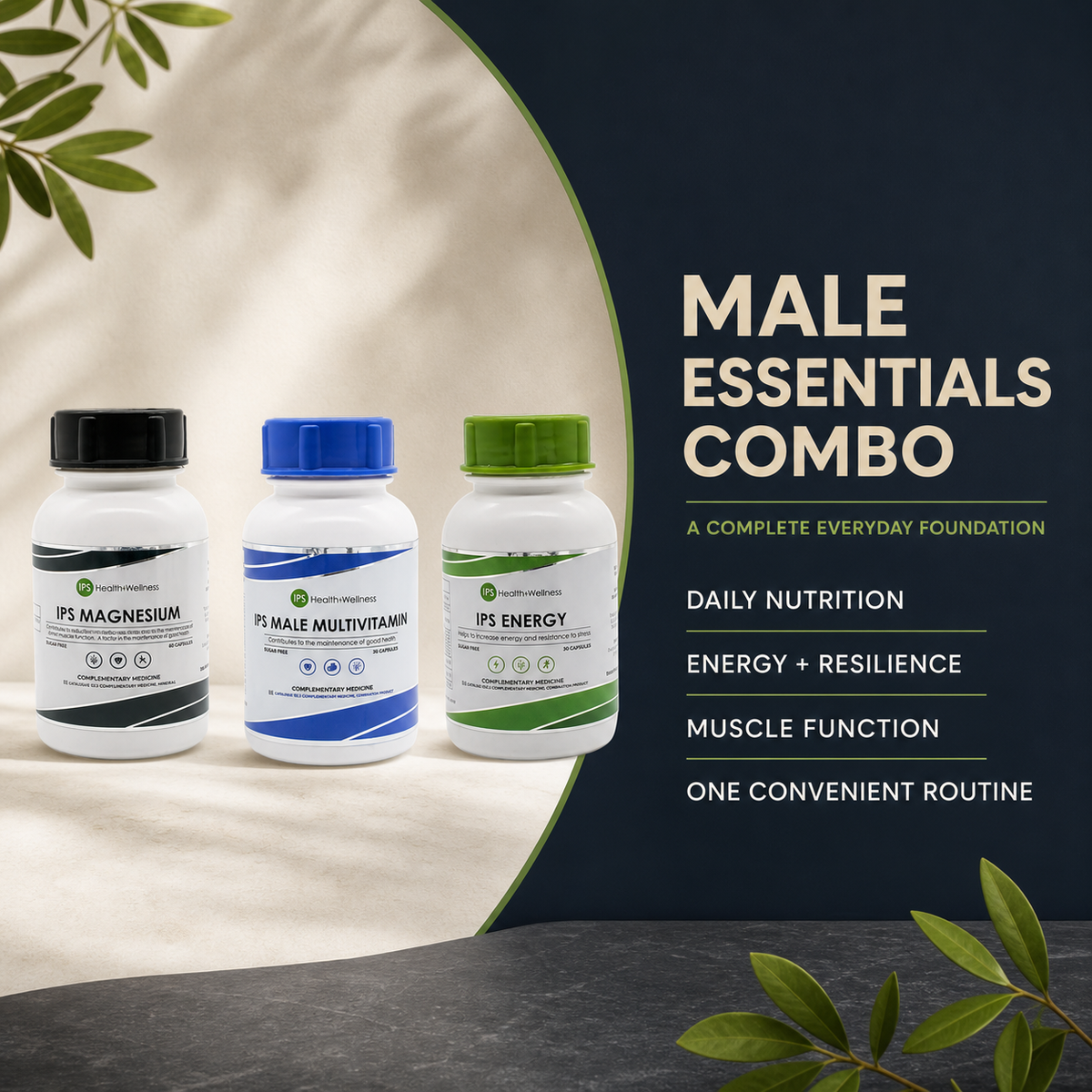 Male Essentials Combo benefit snapshot for daily nutrition, energy, resilience and muscle function