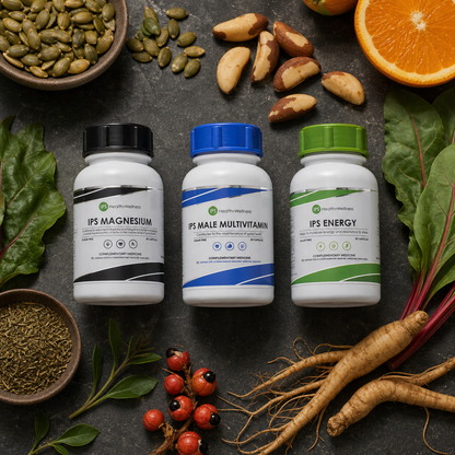 Male Essentials Combo flat lay with nuts, seeds, greens, citrus, rooibos and ginseng