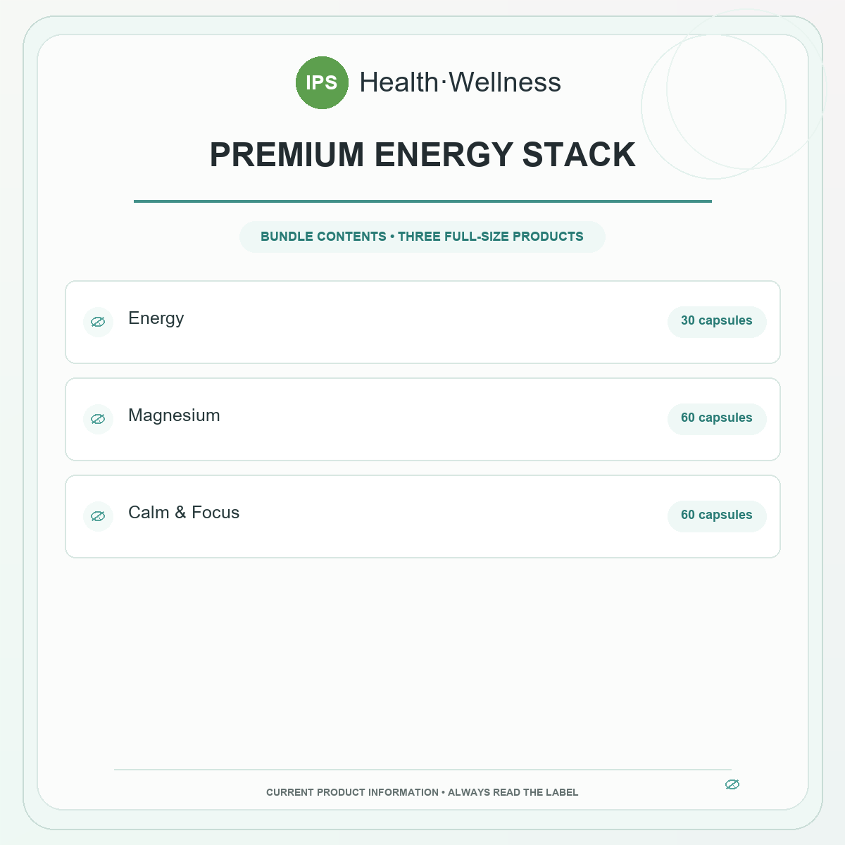 Premium Energy Stack bundle contents – Energy 30 capsules, Magnesium 60 capsules, Calm & Focus 60 capsules