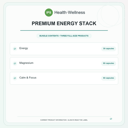 Premium Energy Stack bundle contents – Energy 30 capsules, Magnesium 60 capsules, Calm & Focus 60 capsules
