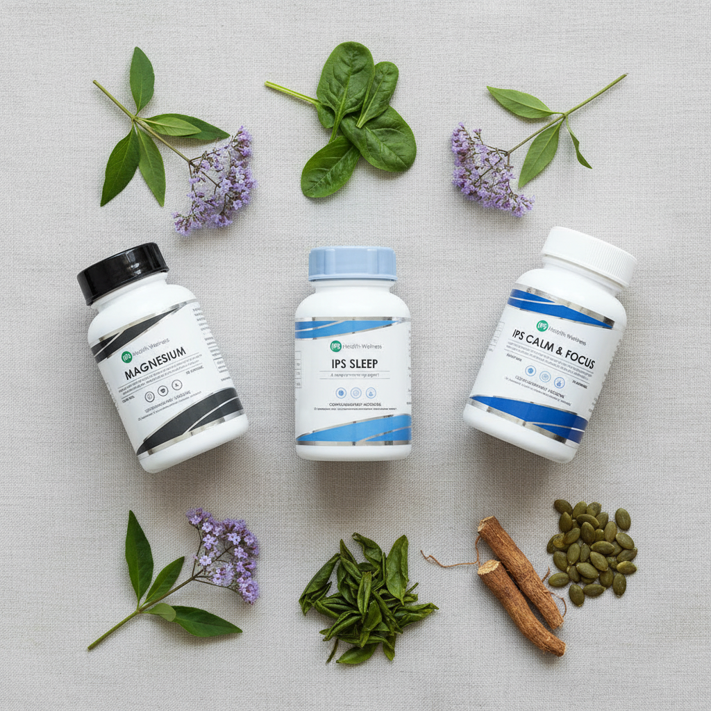 IPS Premium Sleep Stack flat lay with botanicals