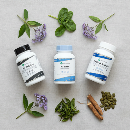 IPS Premium Sleep Stack flat lay with botanicals