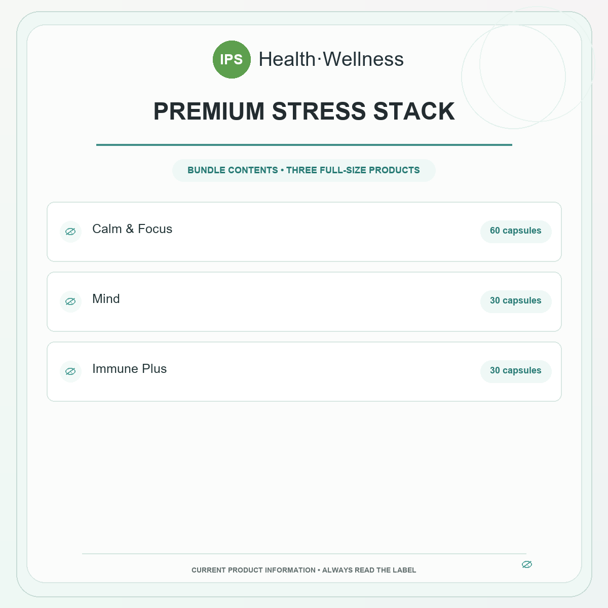 Premium Stress Stack bundle contents – Calm & Focus 60 capsules, Mind 30 capsules, Immune Plus 30 capsules