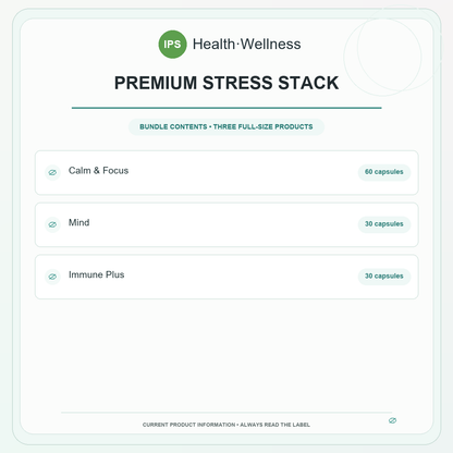Premium Stress Stack bundle contents – Calm & Focus 60 capsules, Mind 30 capsules, Immune Plus 30 capsules