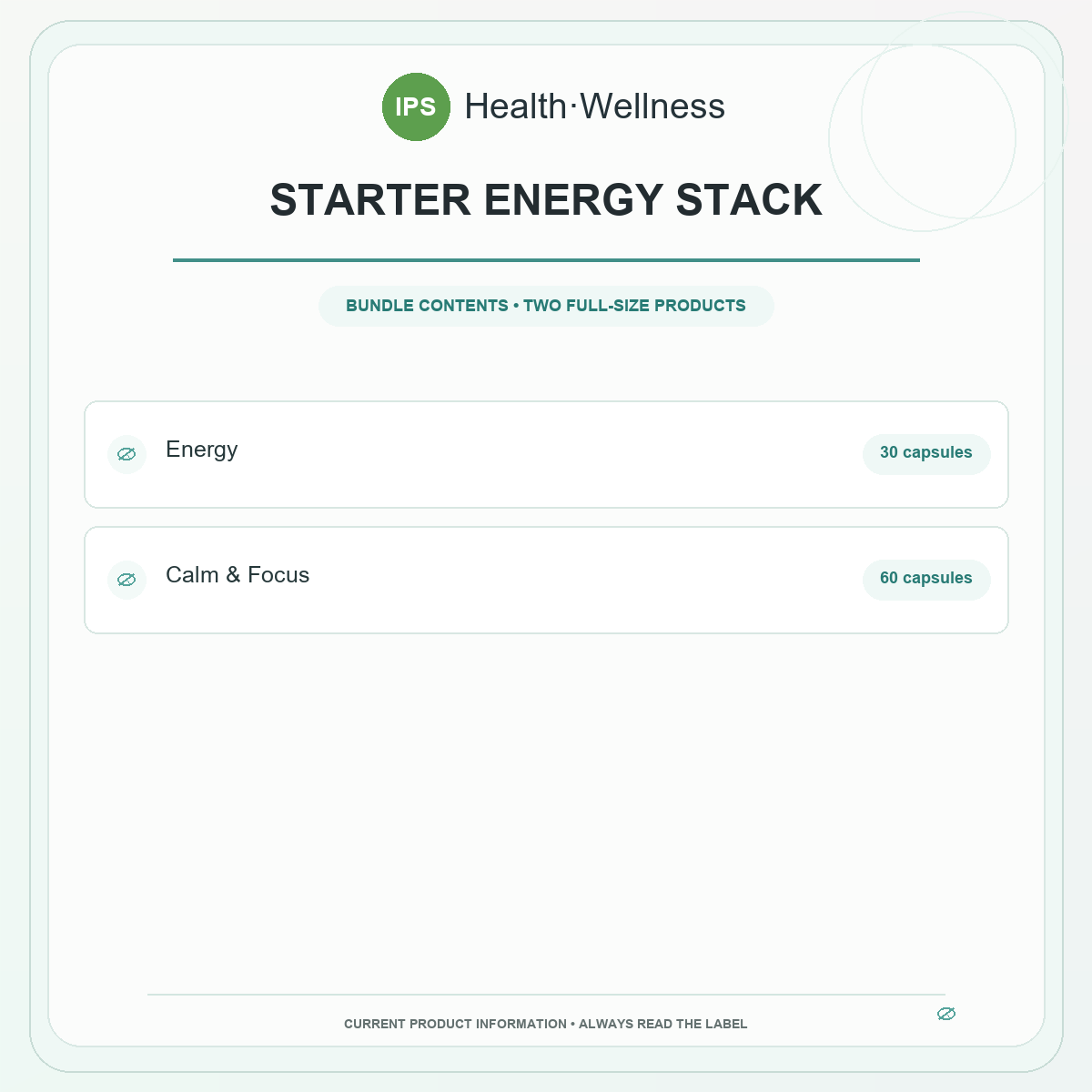 Starter Energy Stack bundle contents – Energy 30 capsules, Calm & Focus 60 capsules