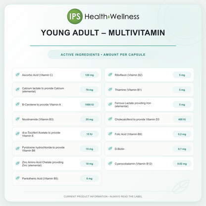 Young Adult – Multivitamin active ingredients and quantities