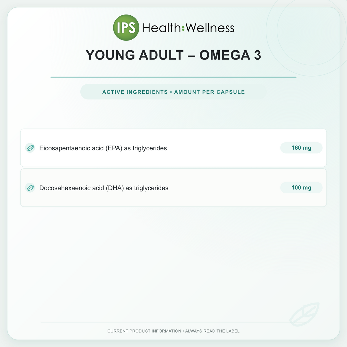 Young Adult – Omega 3 active ingredients and quantities